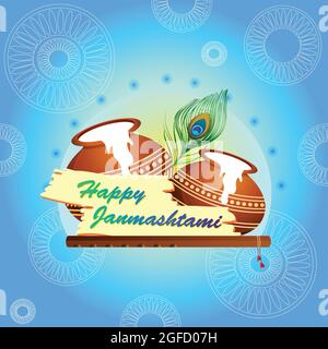 Illustration von Krishna Janmashtami. Poster mit zwei Töpfen voller Makhan, Pfauenfeder, Bansuri. Attraktiver blauer Hintergrund Stock Vektor
