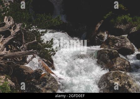 Ein stürmischer Strom eines Gebirgsflusses bahnt sich seinen Weg durch den Wald, der sich um die umgestürzten Bäume und Steinbrocken beugt. Nahaufnahme Stockfoto