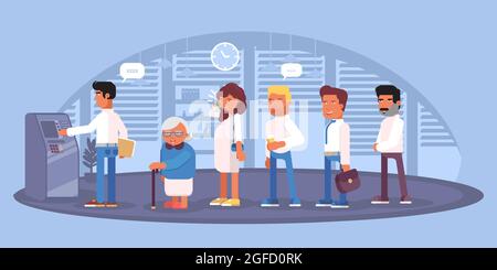 Schlange am Geldautomaten, Vektorgrafik am Geldautomaten Stock Vektor