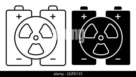 Lineares Symbol. Paar Batterien mit Zeichen der Atomenergie. Hochkapazitätsstarke Energiespeicher auf Basis radioaktiver Elemente. Schlichtes Schwarz und Weiß Stock Vektor