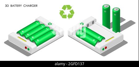 Isometrisches Ladegerät mit Batterien im Inneren. Wiederverwendbare Akkus für tragbare Geräte. Realistischer weißer 3D-Vektor isoliert auf weißem Hintergrund Stock Vektor