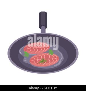 Lachs Fischsteak in der Bratpfanne Illustration. Stock Vektor