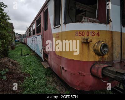 Verlassener rot-gelber Triebwagen mit Graffiti und kaputten Fenstern, bewachsen in einem vernachlässigten Bahnhofshof. Stockfoto