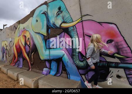 Graffiti auf der Trennwand der israelisch-libanesischen Grenze von der israelischen Seite Stockfoto