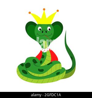 Cartoon Vektor-Illustration für Kinder, Schlangenkönigin, Krone und Mantel. Isoliert auf weißem Hintergrund Stock Vektor