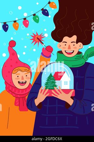 Glückliche Mutter und Tochter oder Sohn feiert Neujahr und Frohe Weihnachten. Lachende Eltern halten Schneekugel mit Haus und Fichte und in fröhlicher Kinderhand funkeln. Winter Familienurlaub Zeichenposter