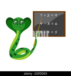Cartoon Vektor Illustration für Kinder, lehrt eine Schlange in der Schule. Isoliert auf einem weißen Hintergrund. Stock Vektor