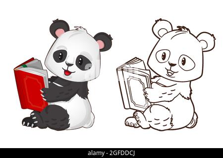 Malbuch: Lustiger kleiner Panda, der ein Buch in den Händen hält. Vektor-Illustration im Cartoon-Stil, schwarz-weiß lineart Stock Vektor