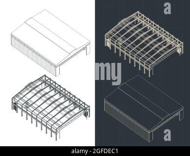 Stilisierte Vektordarstellung isometrischer Blaupausen eines großen Industriehangars Stock Vektor