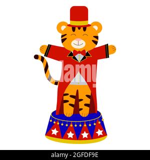 Cartoon Vektor-Illustration für Kinder, Tiger im Zirkus, chinesisches Neujahr. Isoliert auf weißem Hintergrund. Stock Vektor