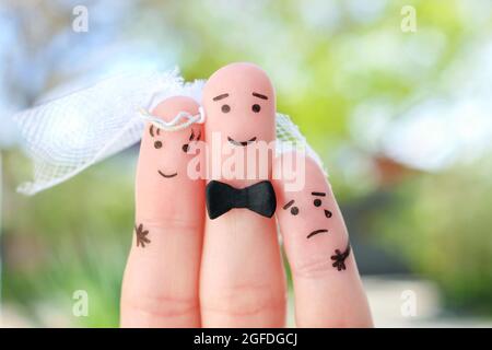 Finger Kunst des glücklichen Paares zu heiraten. Konzept von Stiefsohn vs Hochzeit. Stockfoto