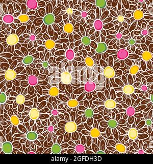 Vektor braun umreißt Spaß Gänseblümchen Blumen wiederholen Muster mit bunten Polkodot Mitte. Geeignet für Textilien, Geschenkpapier und Tapeten. Stock Vektor