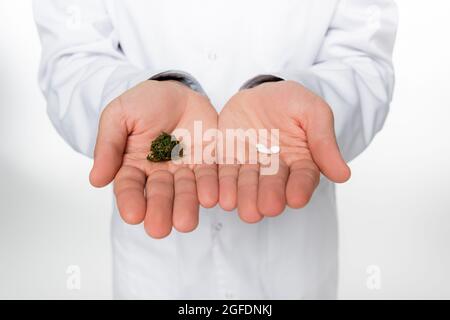 Teilansicht eines Arztes, der Pillen und trockenen medizinischen Cannabis auf Weiß isoliert hält Stockfoto