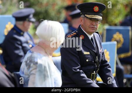 Garda-Kommissar Drew Harris nimmt an einer Zeremonie im Dublin Castle Teil, bei der Scott Medals für den Einsatz an verstorbene und dienende Mitglieder einer Garda Siochana verliehen werden. Bilddatum: Mittwoch, 25. August 2021. Stockfoto