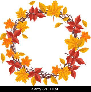 Runder Rahmen mit orangefarbenen und gelben Ahornblättern. Heller Herbstkranz mit Geschenken der Natur und Ästen mit leerem Platz für Text Stock Vektor