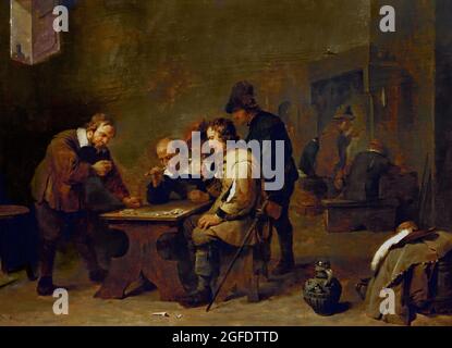 The Gamblers, David Teniers (II), 1640 Öl auf Tafel 45,2 cm × 59,1cm Belgisch Belgien Flämisch zwei Männer der Mittelschicht und ein Offizier werden in ihr Spiel absorbiert. Zwei Bauern schauen zu. Der Mann, der links steht, ist gerade dabei, die Würfel zu werfen. Glücksspiele, an denen Geld beteiligt war, wurden von der Kanzel aus denunziert. Doch hier, Teniers nein, zeichnet er einfach die Szene auf. Stockfoto