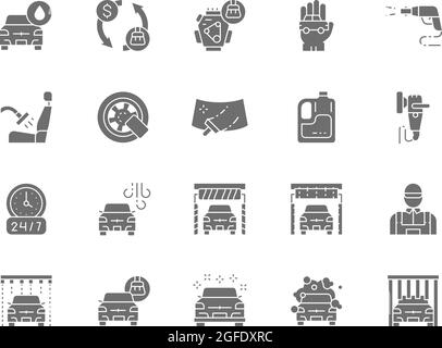 Satz grauer Symbole für die Autowäsche. Poliermaschine, Radschloss, Windschutz und mehr. Stock Vektor