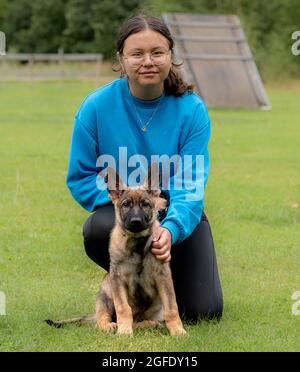 Ein Teenager-Mädchen posiert zusammen mit ihrem Schäferhund. Hundetraining Stockfoto