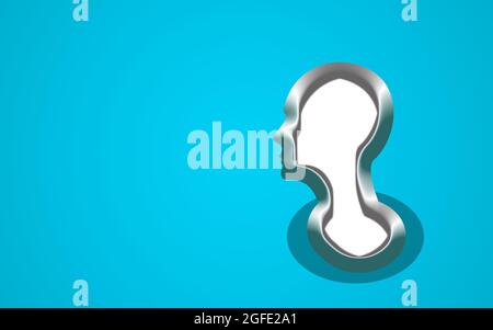 3D-Status des menschlichen Kopfes auf blauem Hintergrund. Elastischer Kopf. Psychologie, tiefes menschliches Gehirnstudium und Konzept der psychischen Gesundheit. Stockfoto