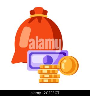 Illustration einer Tasche mit Geld, Banknoten und Münzen. Symbol für Online-Spiele. Stock Vektor