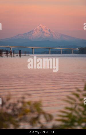 Sonnenuntergang über dem Columbia River mit Mt Hood, Portland, Oregon Stockfoto