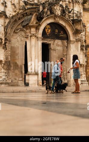 Coimbra, Portugal - 12. August 2021: Alltag von Coimbra, Menschen mit ihren Hunden auf dem Praca 8 de Maio Platz mit dem Kloster Santa Cruz im b Stockfoto
