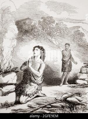Illustration von Kain und Abel, die ihre Opfer für Gott machen Bibelgeschichte - Abel bietet seine dicksten Schafe und Kain bietet Gras und Samen an Stockfoto