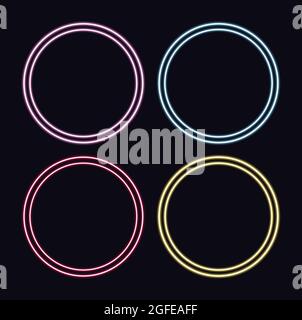 Helle Neon-Ringlichter. Bunte Neon Kreis Vektor-Illustration auf dunkler Wand. Leuchtende Kreise eingestellt. Stock Vektor