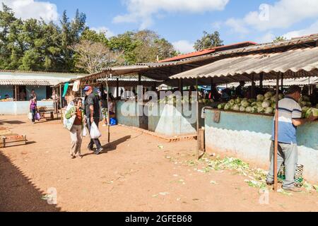 CAMAGUEY, KUBA - 26. JANUAR 2016: Obst- und Gemüsestände auf dem Mercado Agropeculario Agriculture Market Hatibonico in Camaguey, Kuba Stockfoto