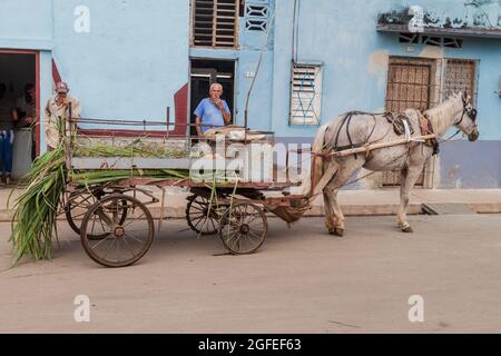 REMEDIOS, KUBA - 12. FEBRUAR 2016: Pferdekutsche im Dorf Remedios auf Kuba Stockfoto