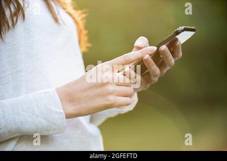 Mittlerer Abschnitt der jungen Frau mit Smartphone im Park Stockfoto