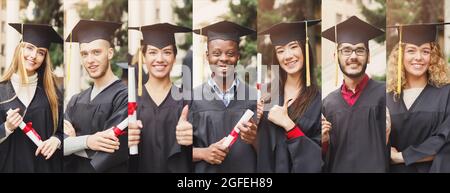 Diverse Absolventen Studenten In Akademischen Kleid Posiert Im Freien, Porträts Collage Stockfoto