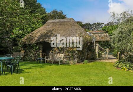 Das Teehaus mit Reetdach in Bonython Estate Gardens, Garden, Helston, Cornwall, England, VEREINIGTES KÖNIGREICH Stockfoto