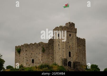 Cardiff Castle an einem trüben grauen Tag. Stockfoto