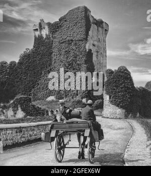 Ein Blick aus dem frühen 20. Jahrhundert auf ein rasantes Auto mit Touristen, die sich dem Ross Castle nähern, einem damals zerstörten und überwucherten Turmhaus aus dem 15. Jahrhundert, das am Rande des Lough Leane im Killarney National Park, County Kerry, Irland, liegt. Stockfoto