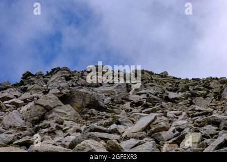 Der Mensch erreichte den felsigen Gipfel des Piz Rondadura, Schweizer Alpen Stockfoto