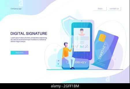 Digitale Signatur Landing Page Design, Website Banner Vektor Vorlage. Geschäftsmann unterzeichnet elektronisches Dokument auf dem Handy Stock Vektor