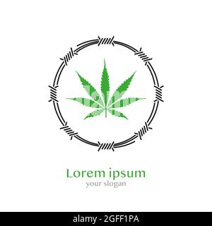 Grünes Cannabisblatt und runder Stacheldrahtrahmen. Logo oder Emblem auf weißem Hintergrund Stock Vektor