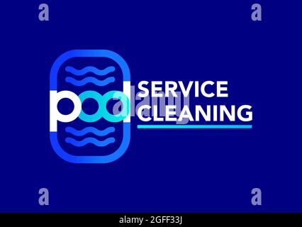 Logo oder Emblem, Reinigung und Service des Pools auf blauem Hintergrund Stock Vektor