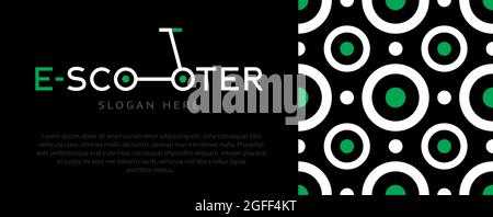 Logo Elektro-Scooter auf schwarzem Hintergrund mit Platz für Text. Nahtloser Hintergrund mit Kreisen Stock Vektor