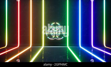 Leuchtendes Biohazard-Symbol im farbenfrohen Lichtlinien-Hintergrund 3D Rendern Stockfoto