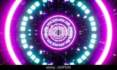 Glow Pink und Cyan Color Circle Shape Light im Sci Fi Tunnel Stockfoto