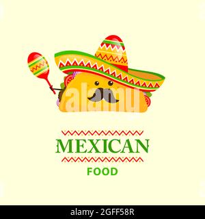 Cartoon-Tacos mit Schnurrbart in mexikanischem Hut und Maracas in der Hand Stock Vektor