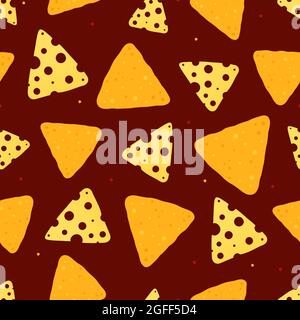 Hintergrund mit Nachos und einer Scheibe Käse auf rotem Hintergrund. Nahtloses Muster für Textil, Cover, Banner oder Verpackungen für den Urlaub Stock Vektor