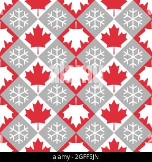Nahtloser Hintergrund mit Ahornblättern und Schneeflocken. Neujahr oder Canada Day. Tapete, Geschenkpapier, Banner, Poster und Deckblatt-Vorlage Stock Vektor