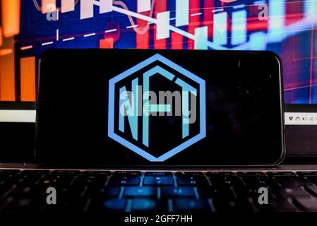 Portugal. August 2021. In dieser Abbildung ist ein NFT-Logo auf einem Smartphone zu sehen, wobei die Börsenprozentsätze im Hintergrund zu sehen sind. (Foto von Omar Marques/SOPA Images/Sipa USA) Quelle: SIPA USA/Alamy Live News Stockfoto