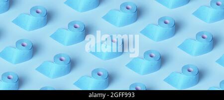 Rollen blaues Toilettenpapier auf blauem Hintergrund. Panoramamuster Stockfoto