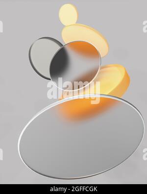 Telefonhintergrund, abstrakter grafischer Hintergrund. Graue und gelbe Frostglas- und Gummiringe auf grauem Hintergrund. 3d Rendering Illustration, geometri Stockfoto