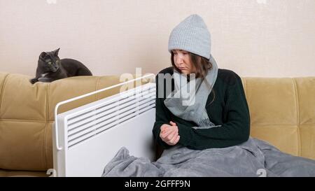 Die gefrorene Dame lehnt sich an die Heizung, die neben der Katze auf dem weichen Sofa sitzt Stockfoto