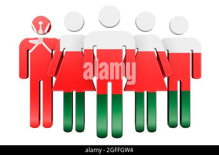 Stickfiguren mit omanischer Flagge. Soziale Gemeinschaft und Bürger von Oman, 3D-Rendering isoliert auf weißem Hintergrund Stockfoto